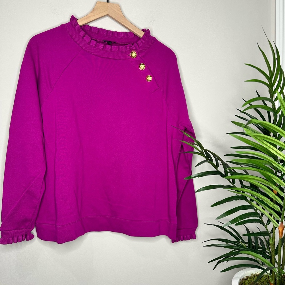 Talbots Fuchsia Sweater with Ruffle Trim and Gold Buttons